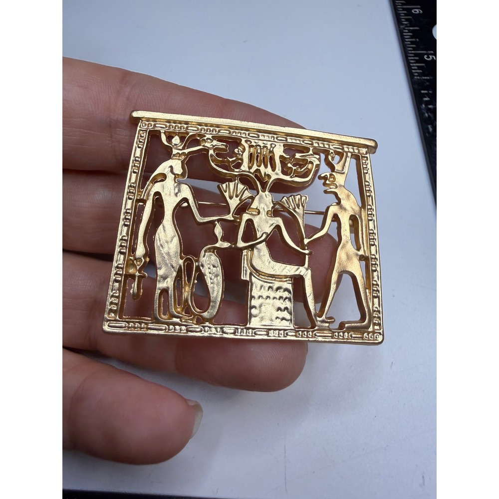 Egyptian Revival Gold Tone Pharaoh Deities Brooch Pin Openwork Rectangular